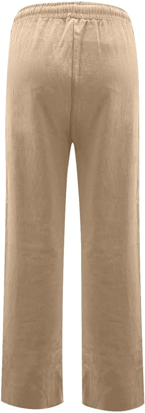 Women's Cotton Linen Pants,Spring Summer Casual Loose Lightweight Flowy Beach Pants with Pockets