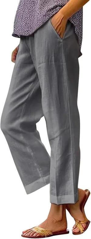 Womens Cropped Linen Pants Summer Elastic Waist Straight Leg Oversized Crop Pants Casual Trousers with Pockets