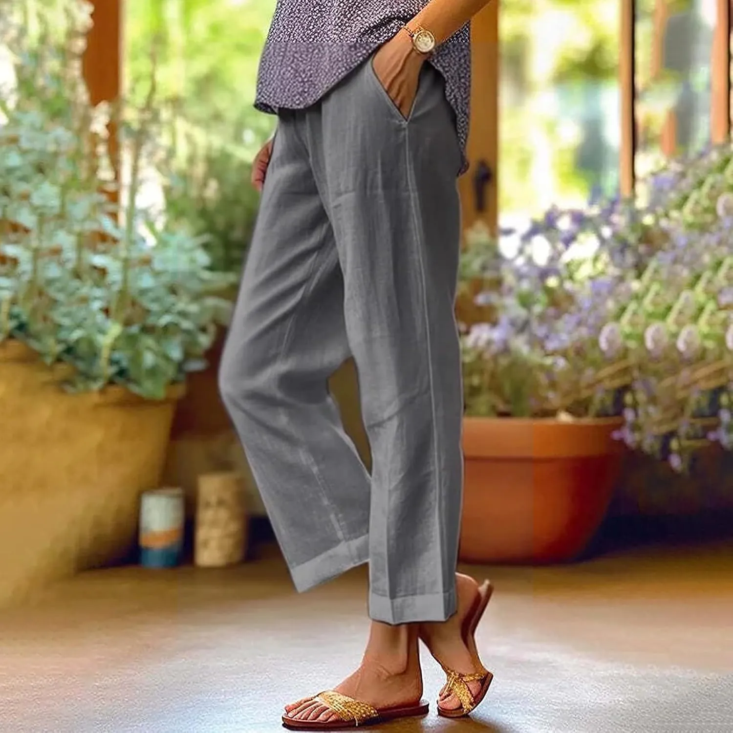 Womens Cropped Linen Pants Summer Elastic Waist Straight Leg Oversized Crop Pants Casual Trousers with Pockets