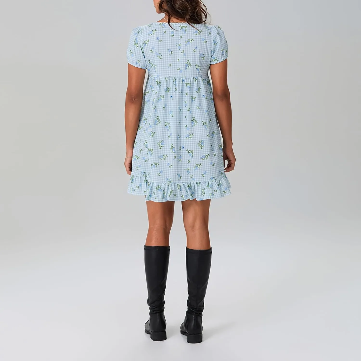 Women's Floral Print Mini Dress Short Sleeve Square Neck Ruffle Hem Babydoll Dress Casual Beach Sundress