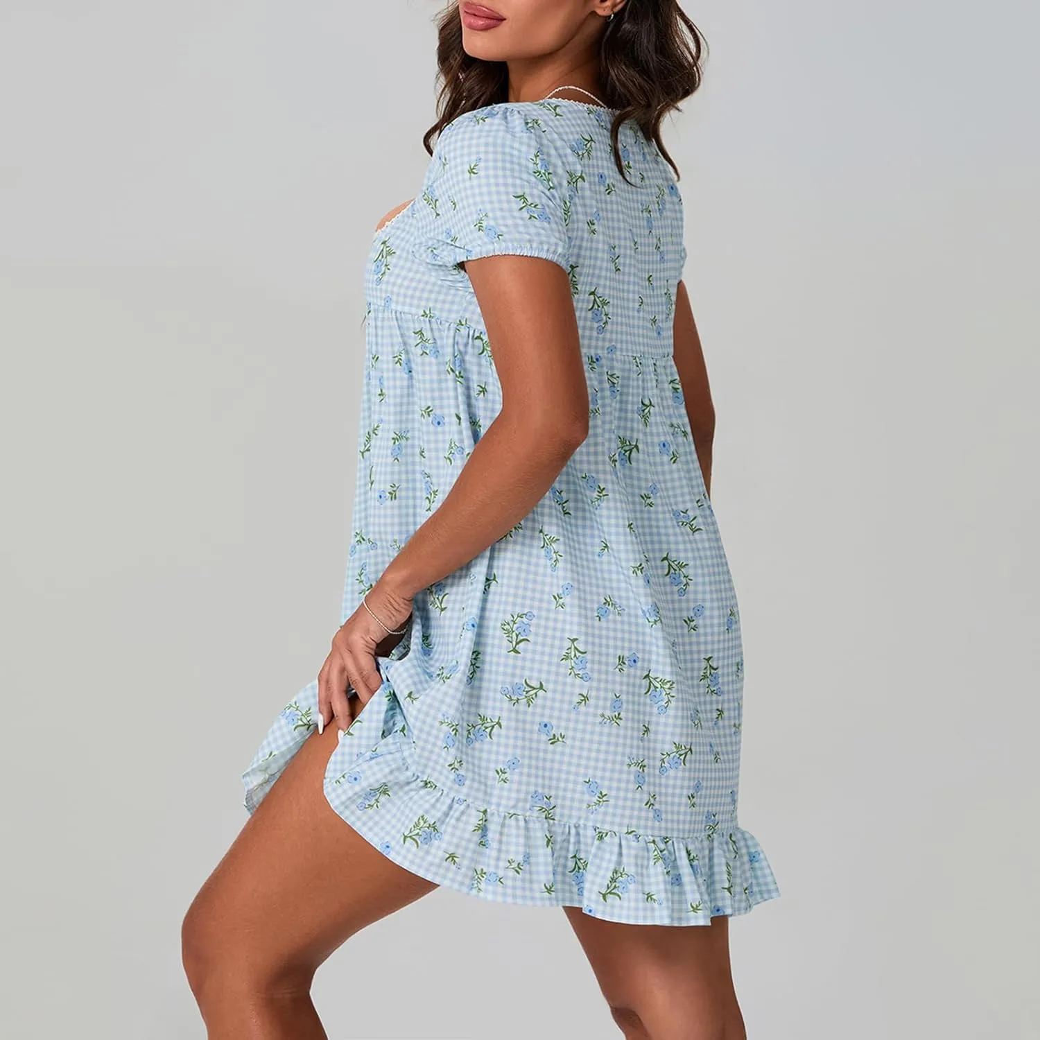 Women's Floral Print Mini Dress Short Sleeve Square Neck Ruffle Hem Babydoll Dress Casual Beach Sundress