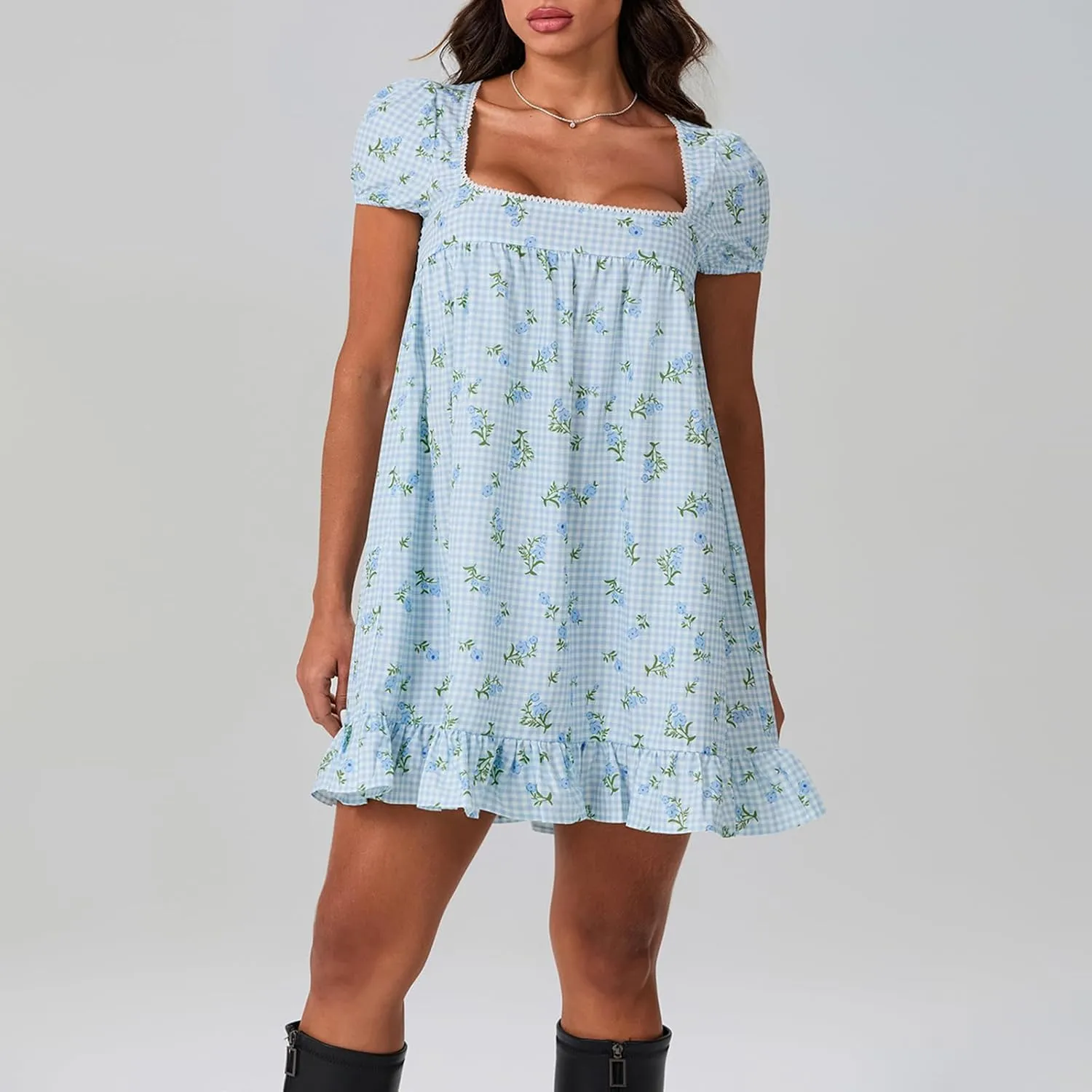 Women's Floral Print Mini Dress Short Sleeve Square Neck Ruffle Hem Babydoll Dress Casual Beach Sundress