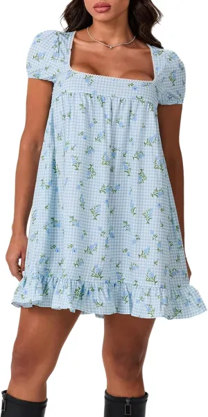 Women's Floral Print Mini Dress Short Sleeve Square Neck Ruffle Hem Babydoll Dress Casual Beach Sundress