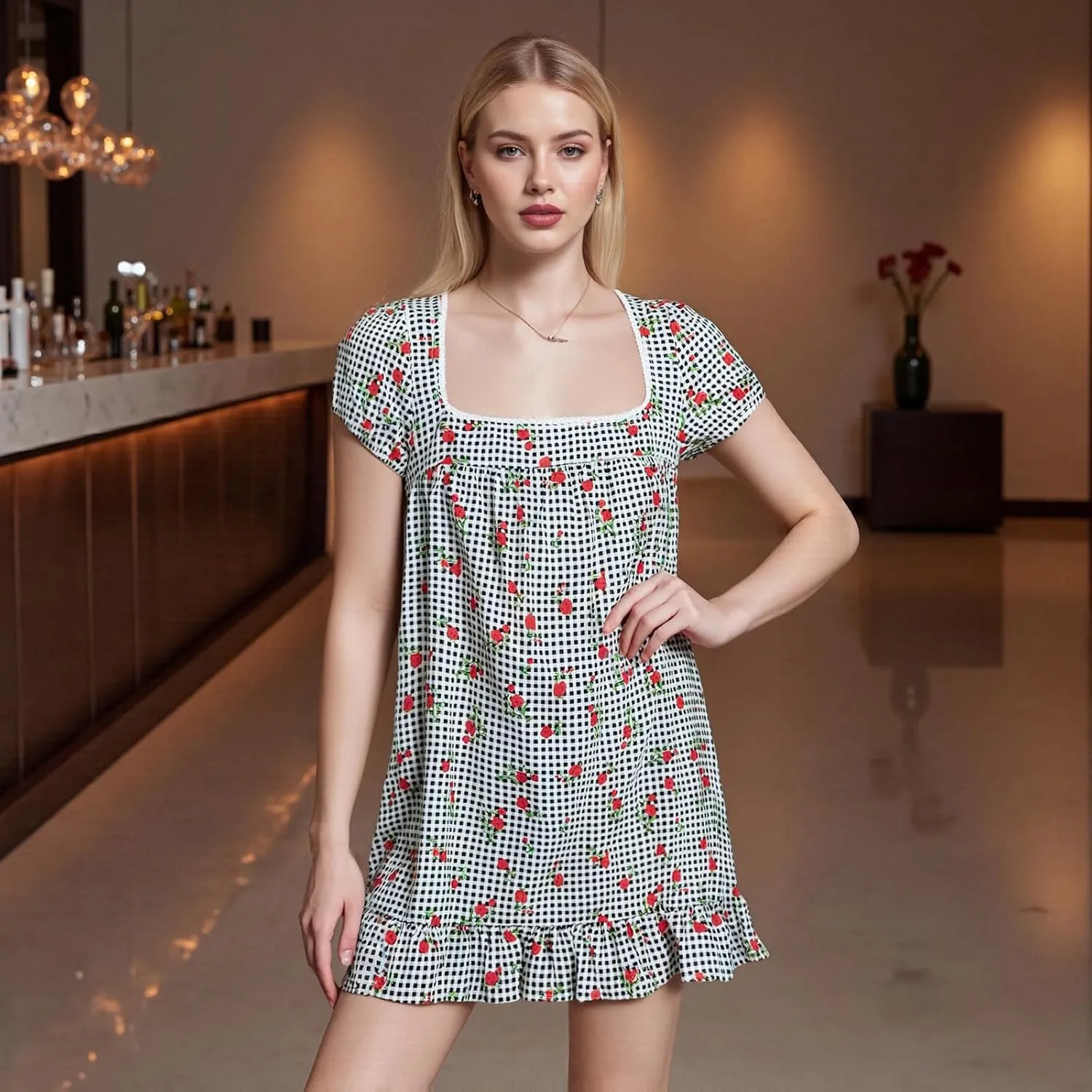 Women's Floral Print Mini Dress Summer Casual Short Sleeve Square Neck Ruffle Hem Babydoll Loose Short Dress