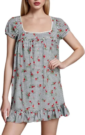 Women's Floral Print Mini Dress Summer Casual Short Sleeve Square Neck Ruffle Hem Babydoll Loose Short Dress