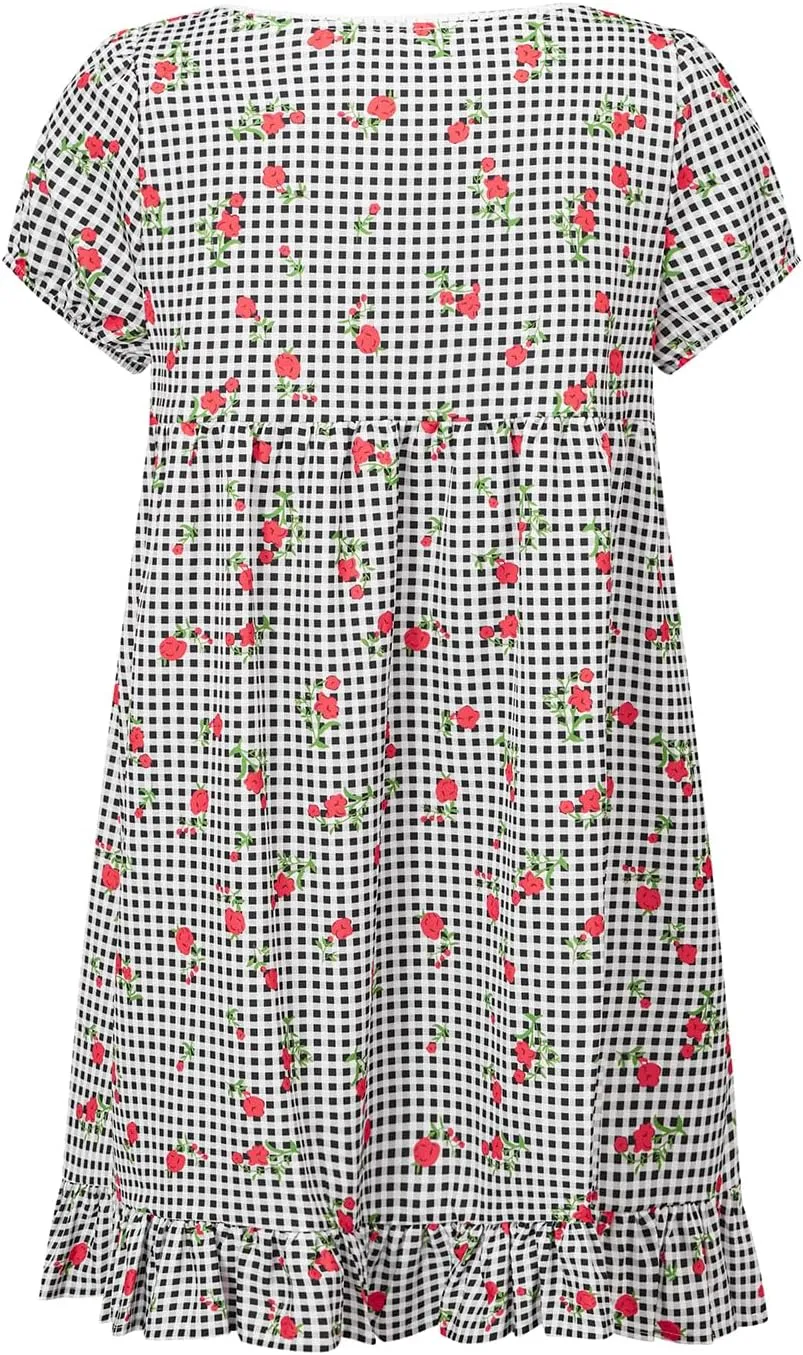 Women's Floral Print Mini Dress Summer Casual Short Sleeve Square Neck Ruffle Hem Babydoll Loose Short Dress