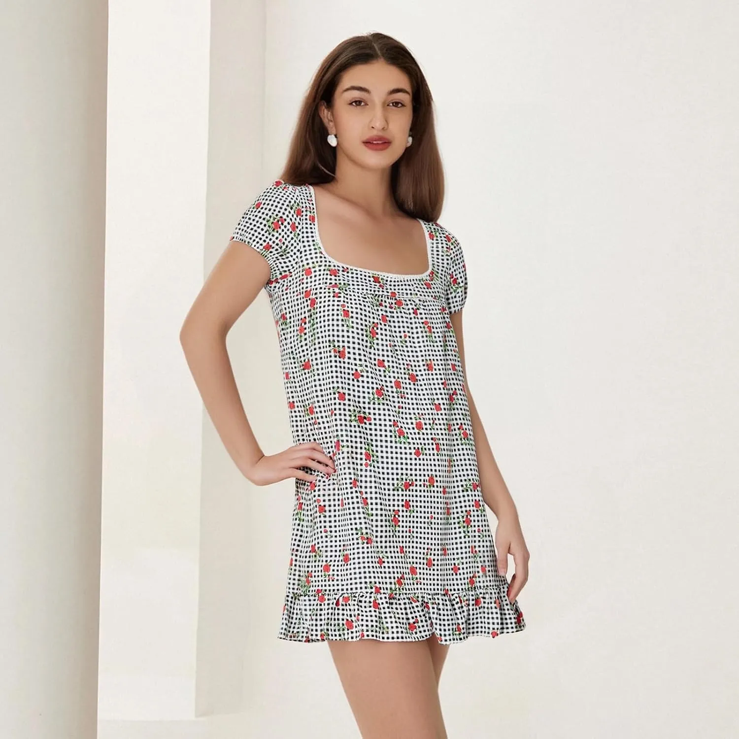 Women's Floral Print Mini Dress Summer Casual Short Sleeve Square Neck Ruffle Hem Babydoll Loose Short Dress