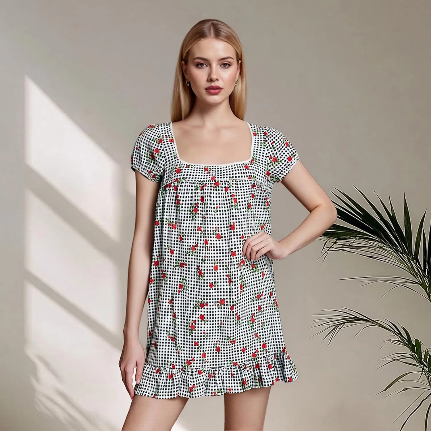 Women's Floral Print Mini Dress Summer Casual Short Sleeve Square Neck Ruffle Hem Babydoll Loose Short Dress
