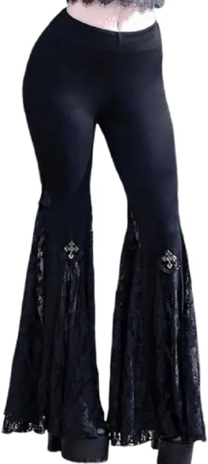 Women's Gothic Lace Flared Pants Wide Leg Palazzo Pants High Waist Mesh Bell Bottom Trousers for Party Festival Dance