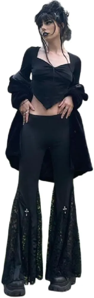 Women's Gothic Lace Flared Pants Wide Leg Palazzo Pants High Waist Mesh Bell Bottom Trousers for Party Festival Dance