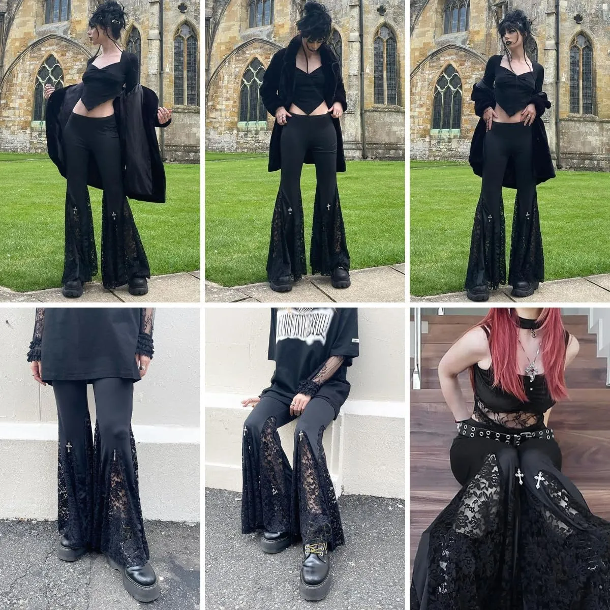 Women's Gothic Lace Flared Pants Wide Leg Palazzo Pants High Waist Mesh Bell Bottom Trousers for Party Festival Dance