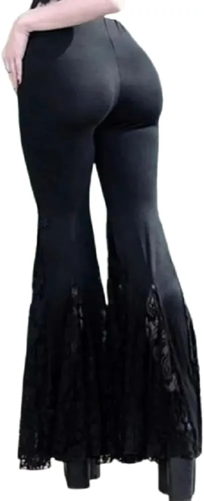 Women's Gothic Lace Flared Pants Wide Leg Palazzo Pants High Waist Mesh Bell Bottom Trousers for Party Festival Dance