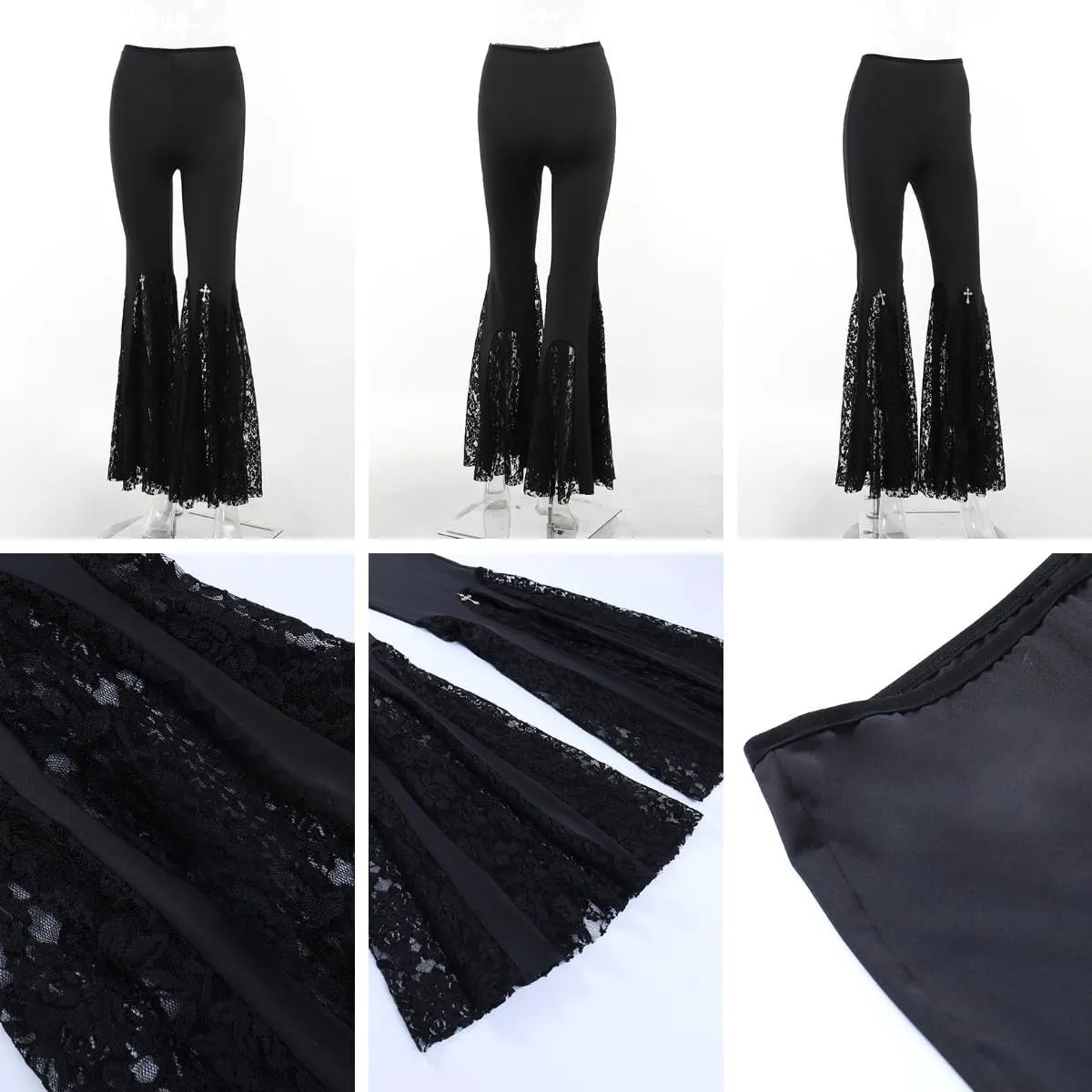Women's Gothic Lace Flared Pants Wide Leg Palazzo Pants High Waist Mesh Bell Bottom Trousers for Party Festival Dance