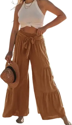 Womens High Waisted Tiered Pleated Pant Summer Casual Tie Front Wide Leg Trousers Ruffle Hem Beach Lounge Pants