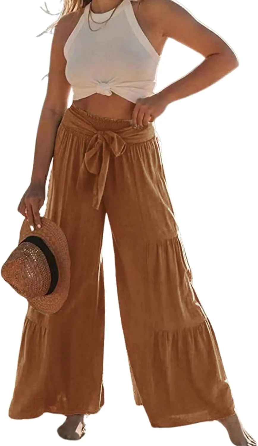 Womens High Waisted Tiered Pleated Pant Summer Casual Tie Front Wide Leg Trousers Ruffle Hem Beach Lounge Pants