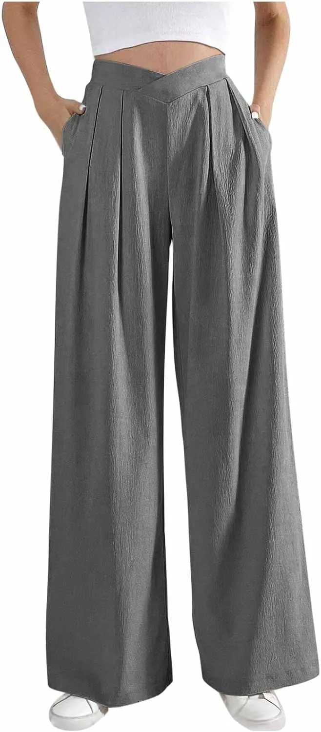 Womens Linen Pants Summer Casual Wide Leg Palazzo Pants Loose Fit Pleated High Waist Work Slack Flowy Beach Trousers