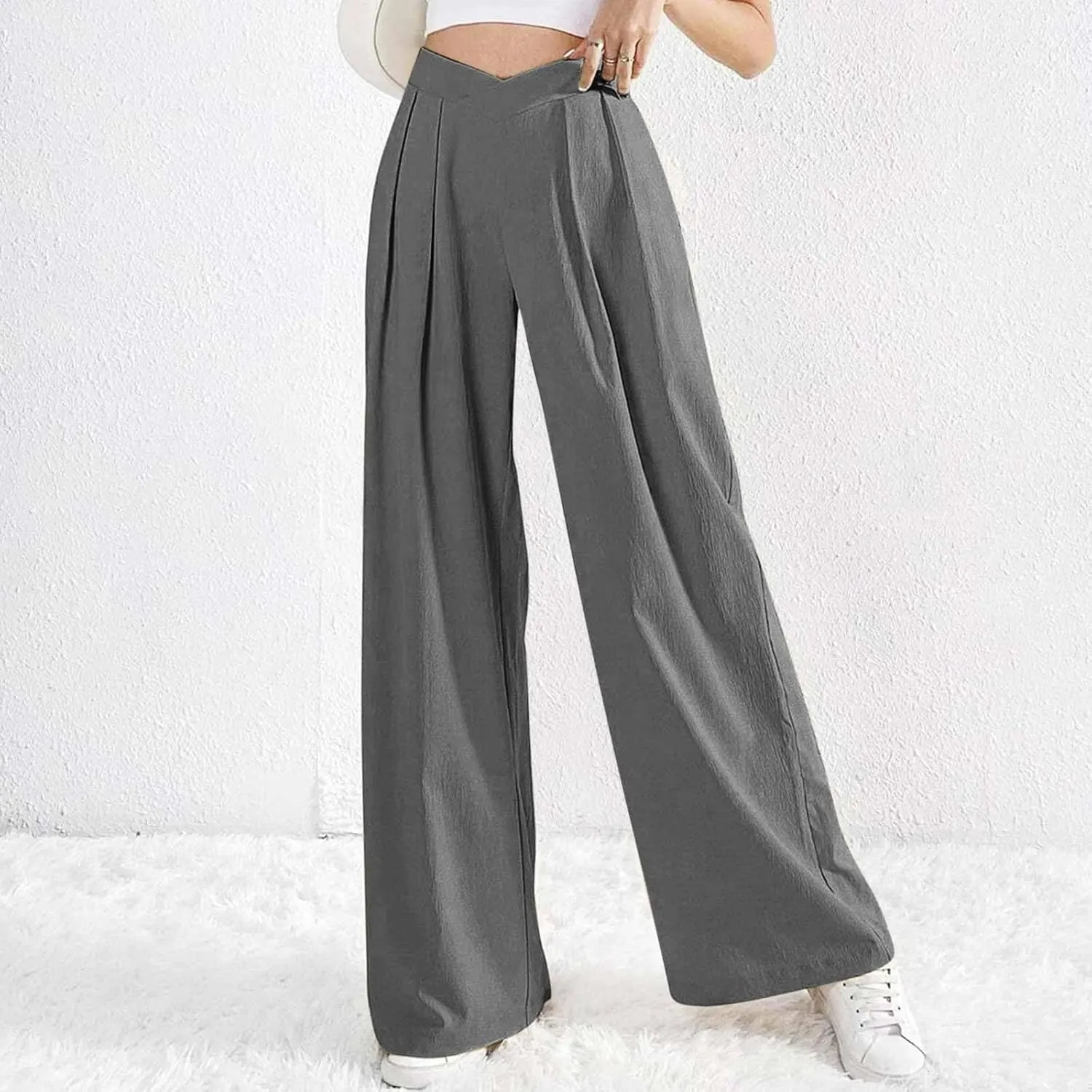 Womens Linen Pants Summer Casual Wide Leg Palazzo Pants Loose Fit Pleated High Waist Work Slack Flowy Beach Trousers