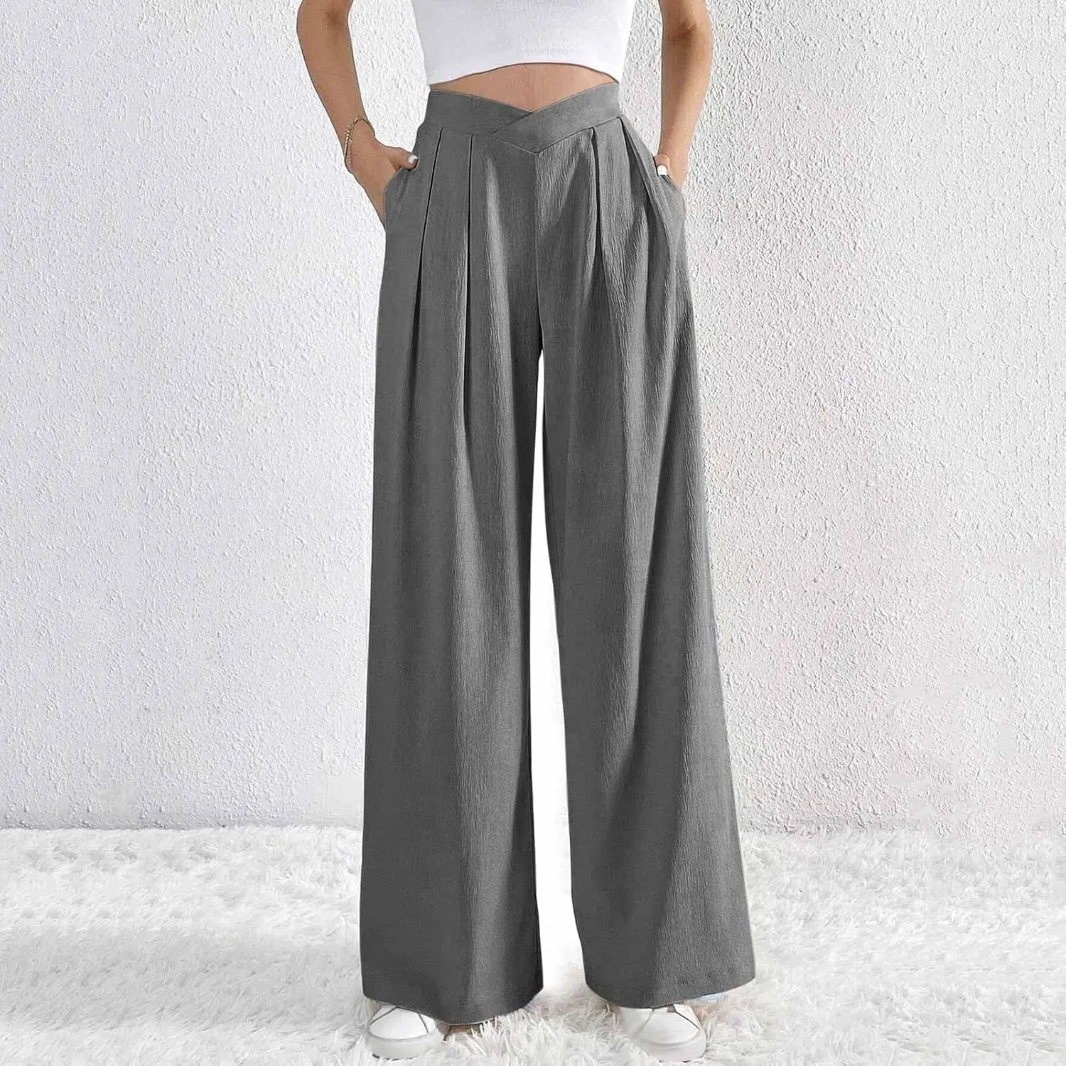 Womens Linen Pants Summer Casual Wide Leg Palazzo Pants Loose Fit Pleated High Waist Work Slack Flowy Beach Trousers