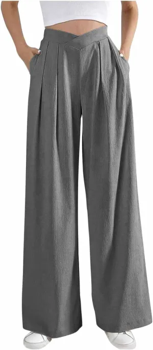 Womens Linen Pants Summer Casual Wide Leg Palazzo Pants Loose Fit Pleated High Waist Work Slack Flowy Beach Trousers