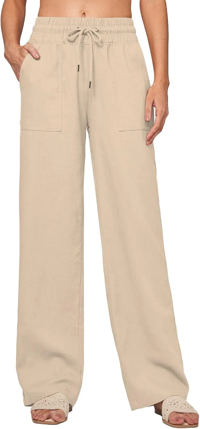 Womens Linen Pants Wide Leg Elastic High Waist Pants Summer Casual Work Long Trousers with Pockets Lounge Wear