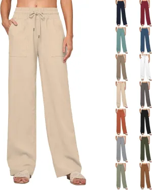 Womens Linen Pants Wide Leg Elastic High Waist Pants Summer Casual Work Long Trousers with Pockets Lounge Wear