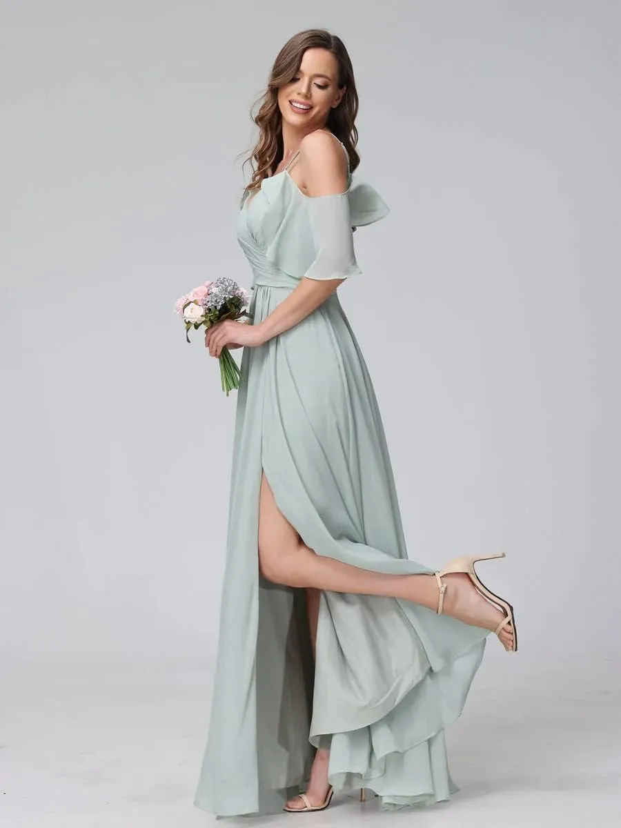 Women's Off Shoulder Chiffon Bridesmaid Dresses for Wedding Long Formal Evening Gown with Spaghetti Strap VT040