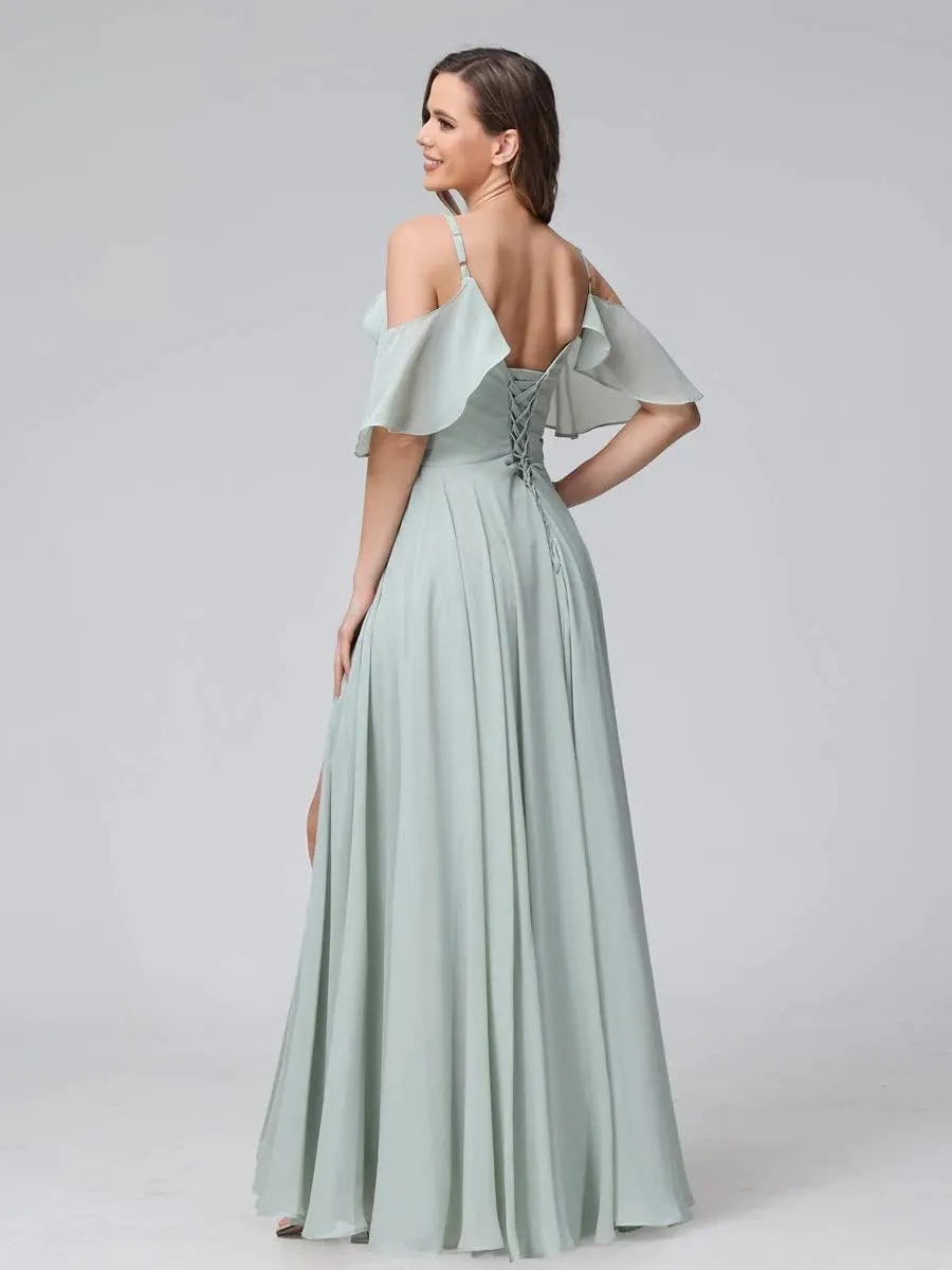Women's Off Shoulder Chiffon Bridesmaid Dresses for Wedding Long Formal Evening Gown with Spaghetti Strap VT040