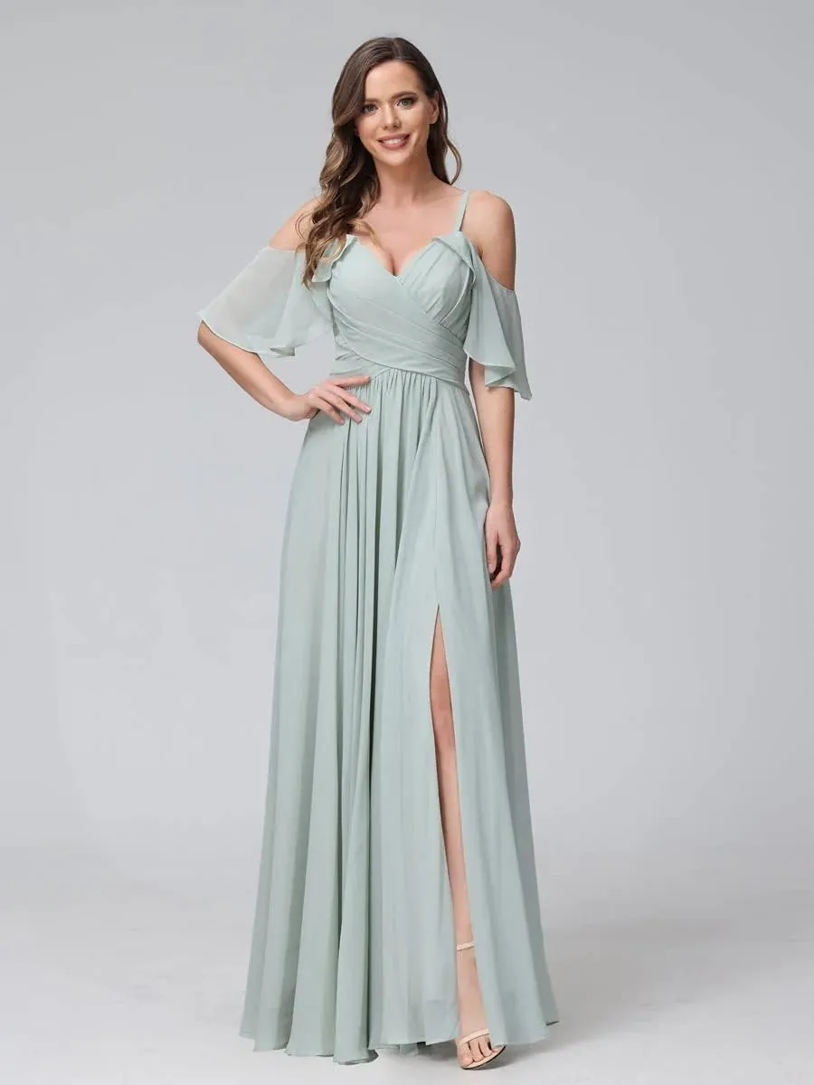 Women's Off Shoulder Chiffon Bridesmaid Dresses for Wedding Long Formal Evening Gown with Spaghetti Strap VT040