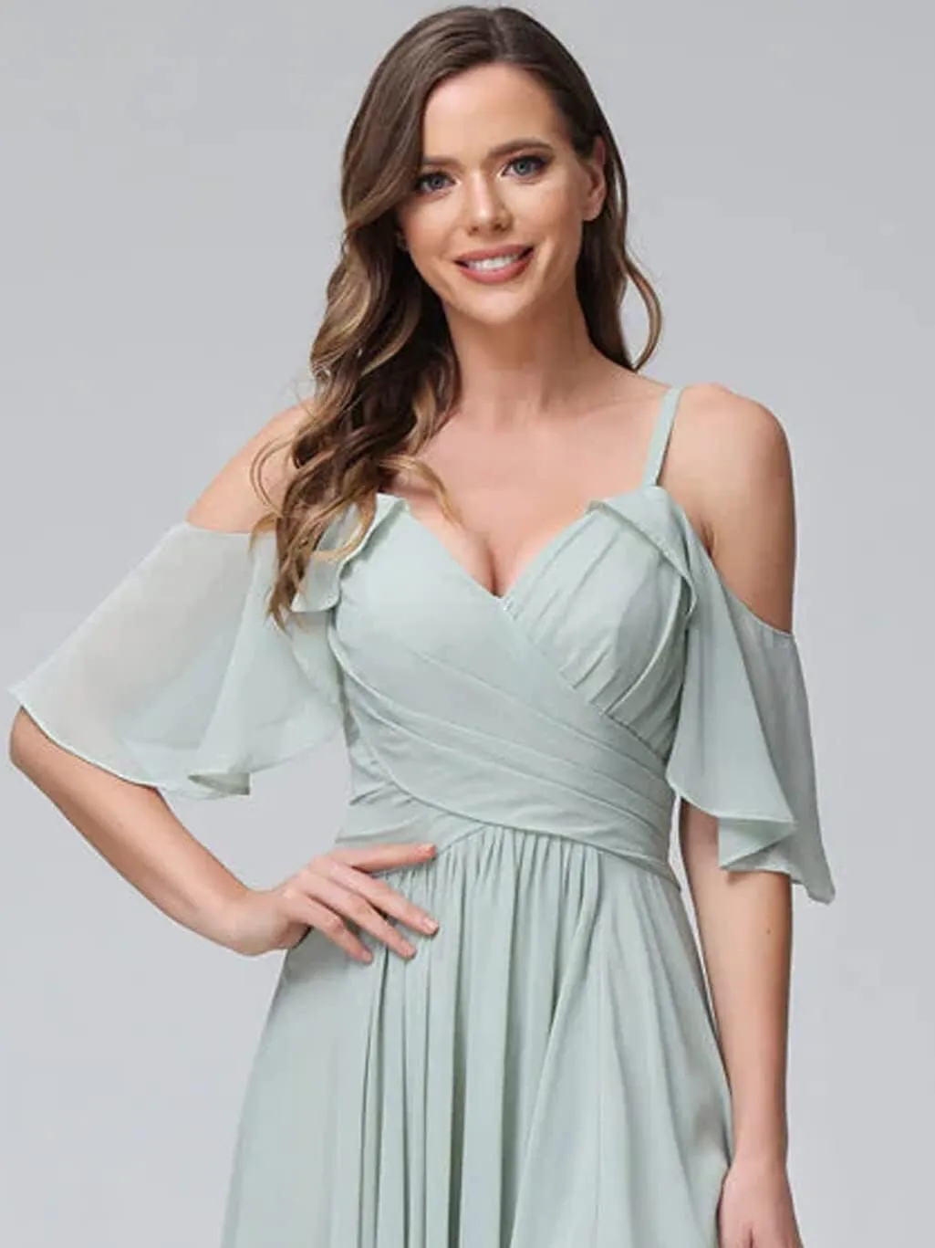 Women's Off Shoulder Chiffon Bridesmaid Dresses for Wedding Long Formal Evening Gown with Spaghetti Strap VT040