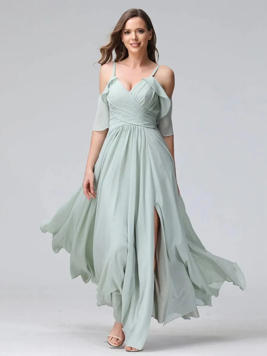 Women's Off Shoulder Chiffon Bridesmaid Dresses for Wedding Long Formal Evening Gown with Spaghetti Strap VT040