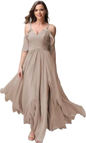 Women's Off Shoulder Chiffon Bridesmaid Dresses for Wedding Long Formal Evening Gown with Spaghetti Strap VT040