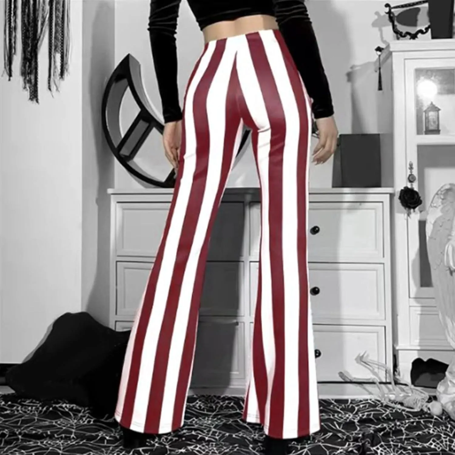 Women's Pants 2024 Fashion High Flare Women Stretch Vertical Bottoms Trousers Long Bell Pants Stripe Waist Plus