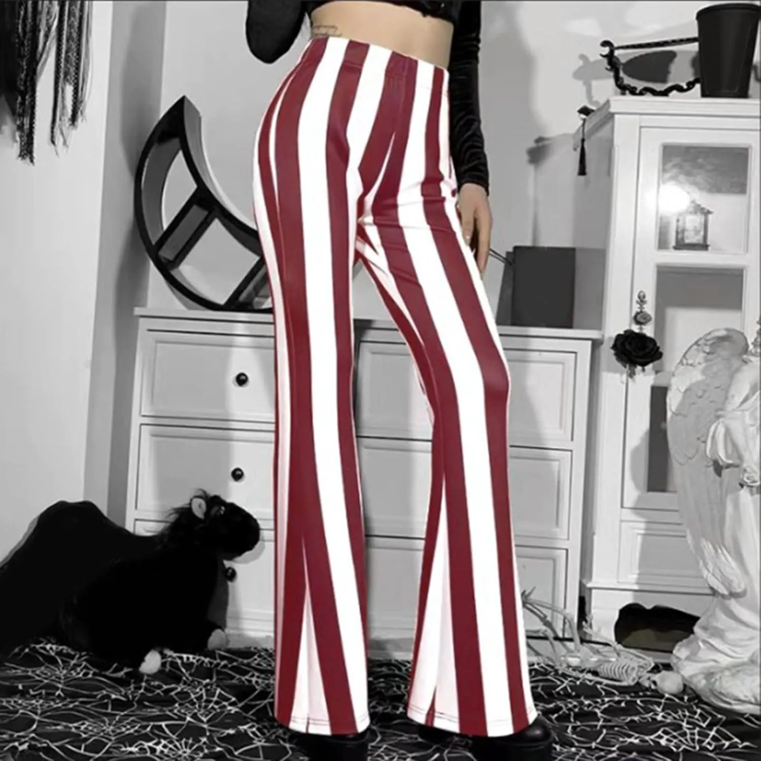 Women's Pants 2024 Fashion High Flare Women Stretch Vertical Bottoms Trousers Long Bell Pants Stripe Waist Plus