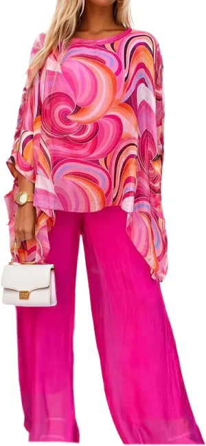 Womens Plus Size 2 Piece Sets Oil Painting Chiffon Long Sleeve Shirts Asymmetrical Hem Tops and Wide Leg Pants