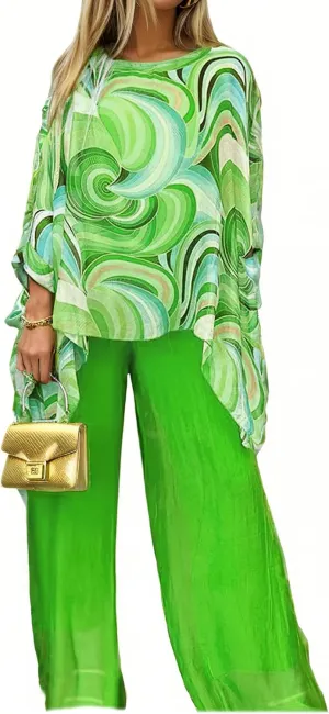 Womens Plus Size 2 Piece Sets Oil Painting Chiffon Long Sleeve Shirts Asymmetrical Hem Tops and Wide Leg Pants