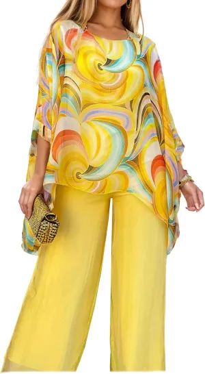 Womens Plus Size 2 Piece Sets Oil Painting Chiffon Long Sleeve Shirts Asymmetrical Hem Tops and Wide Leg Pants