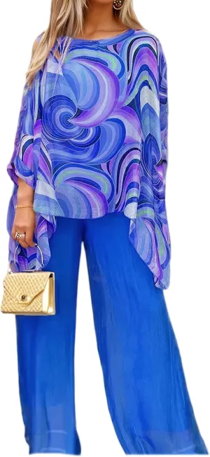 Womens Plus Size 2 Piece Sets Oil Painting Chiffon Long Sleeve Shirts Asymmetrical Hem Tops and Wide Leg Pants