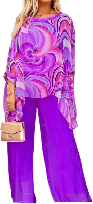 Womens Plus Size 2 Piece Sets Oil Painting Chiffon Long Sleeve Shirts Asymmetrical Hem Tops and Wide Leg Pants