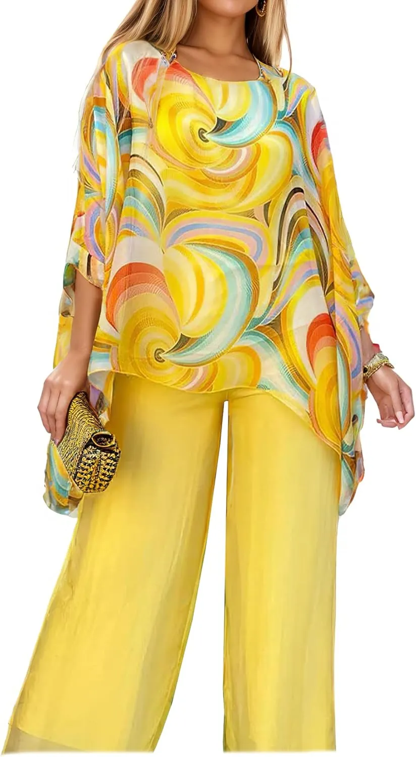 Womens Plus Size 2 Piece Sets Oil Painting Chiffon Long Sleeve Shirts Asymmetrical Hem Tops and Wide Leg Pants
