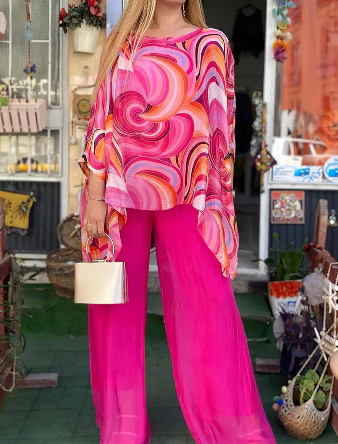 Womens Plus Size 2 Piece Sets Oil Painting Chiffon Long Sleeve Shirts Asymmetrical Hem Tops and Wide Leg Pants