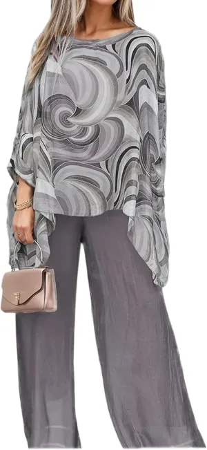 Womens Plus Size 2 Piece Sets Oil Painting Chiffon Long Sleeve Shirts Asymmetrical Hem Tops and Wide Leg Pants