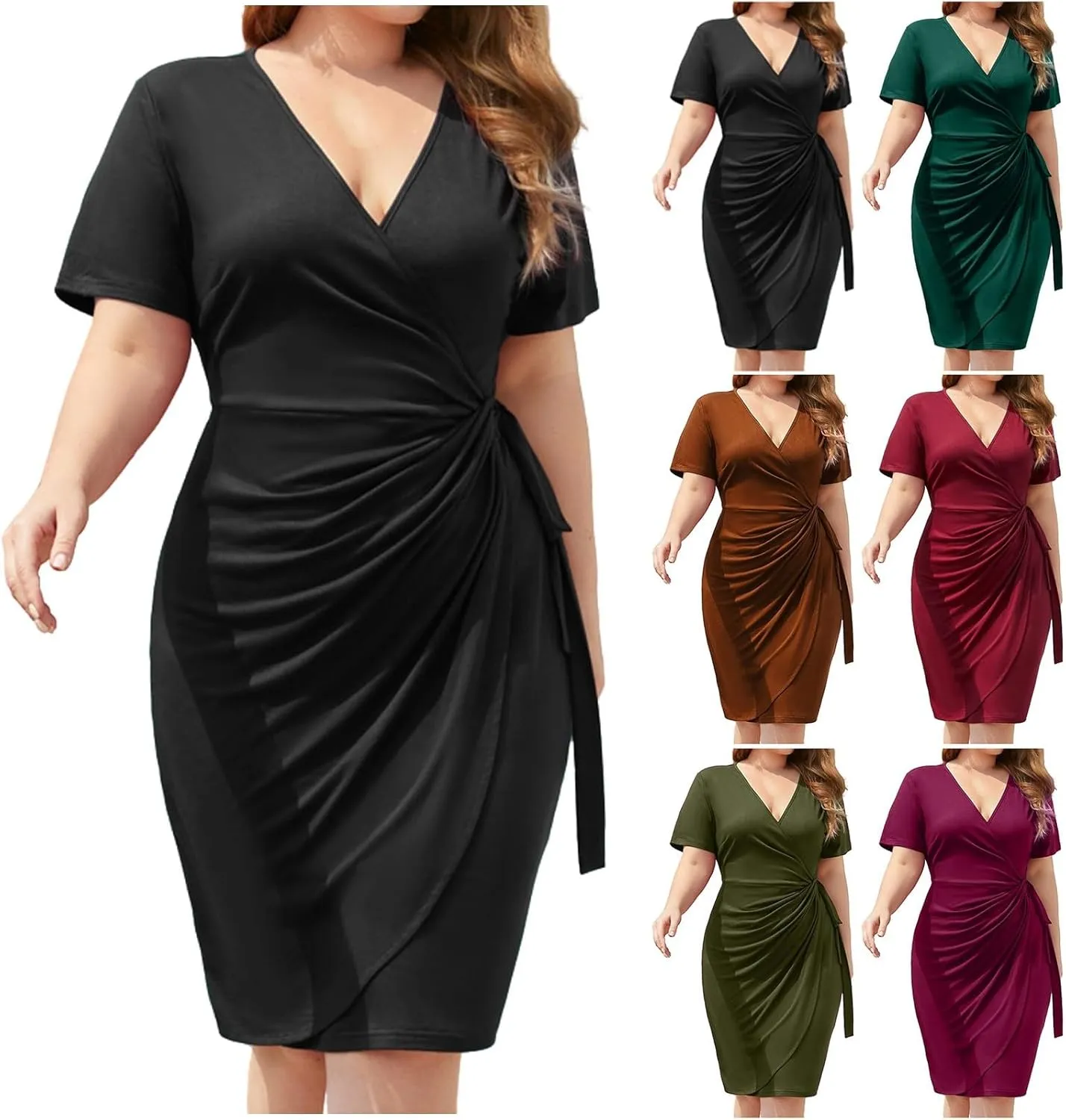 Women's Plus Size Casual Cocktail Solid Color Casual Tummy Control Summer Midi Dress with Straps V Neck Formal Dress