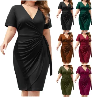 Women's Plus Size Casual Cocktail Solid Color Casual Tummy Control Summer Midi Dress with Straps V Neck Formal Dress