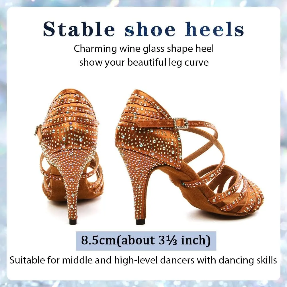 Womens Rhinestone Latin Dance Shoes Satin Open Toe Ballroom Salsa Tango Waltz Dancing Shoes,Model L377