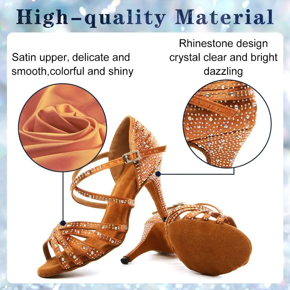 Womens Rhinestone Latin Dance Shoes Satin Open Toe Ballroom Salsa Tango Waltz Dancing Shoes,Model L377