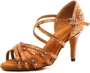 Womens Rhinestone Latin Dance Shoes Satin Open Toe Ballroom Salsa Tango Waltz Dancing Shoes,Model L377