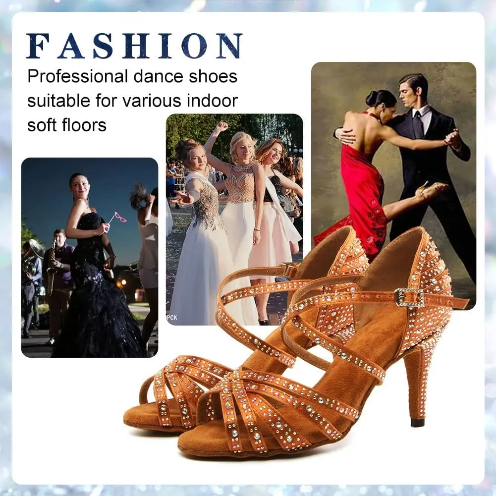 Womens Rhinestone Latin Dance Shoes Satin Open Toe Ballroom Salsa Tango Waltz Dancing Shoes,Model L377