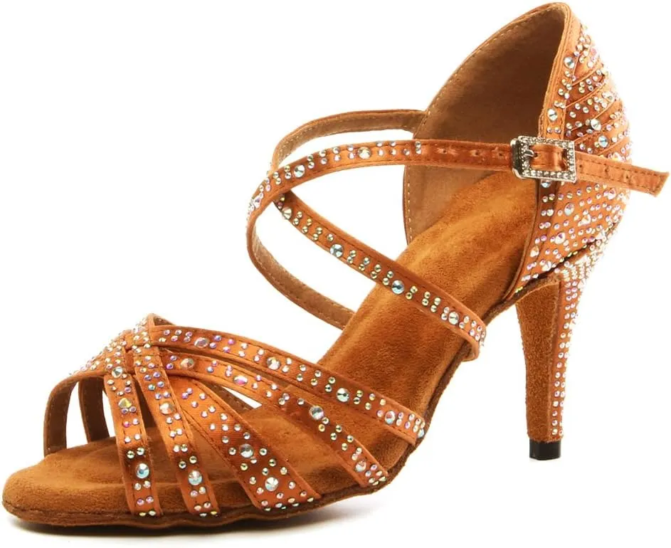 Womens Rhinestone Latin Dance Shoes Satin Open Toe Ballroom Salsa Tango Waltz Dancing Shoes,Model L377