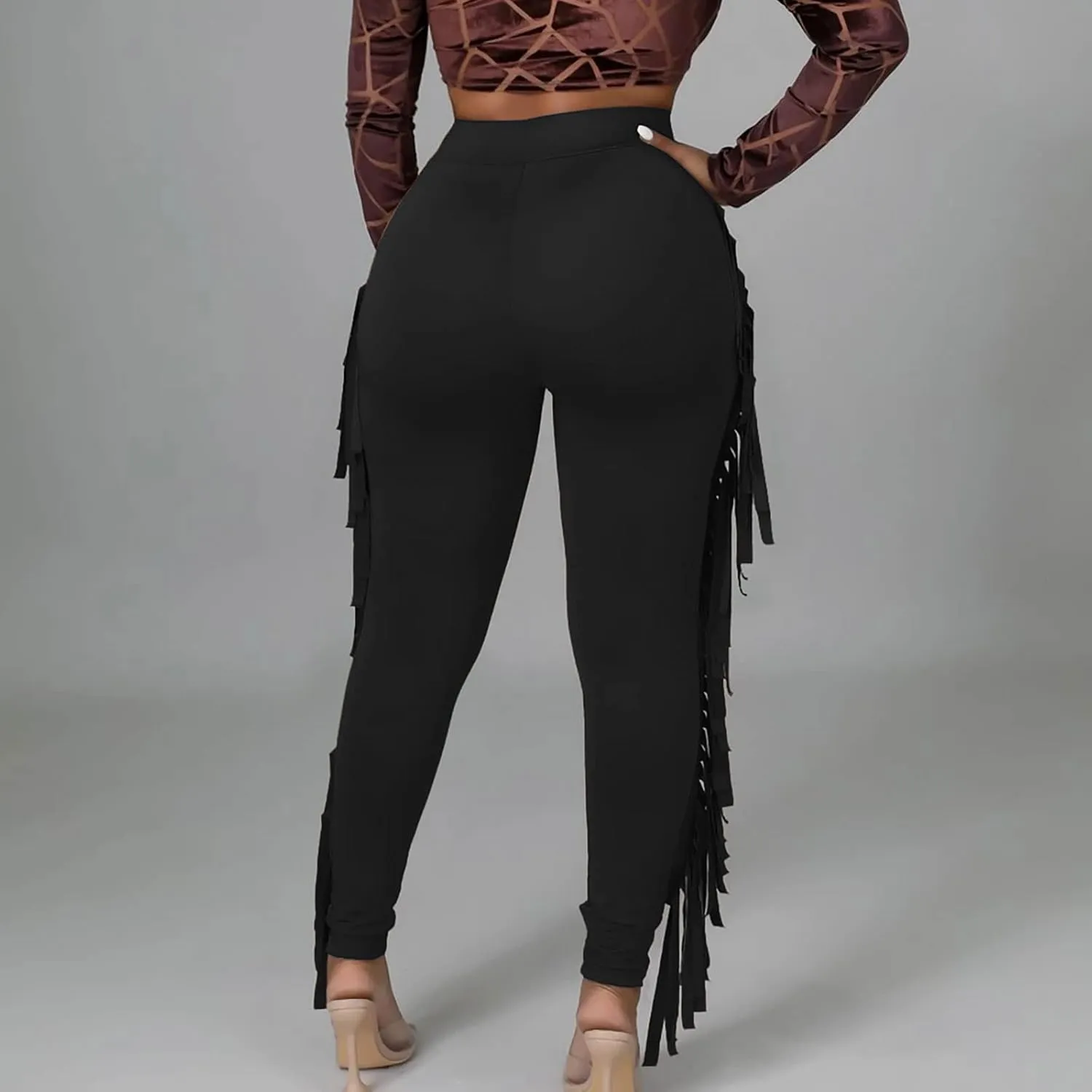 Womens Sexy Curvy Pants Fringed High Waist Skinny Slim Fit Trousers Tight Pants Trendy Casual Solid Long Trousers