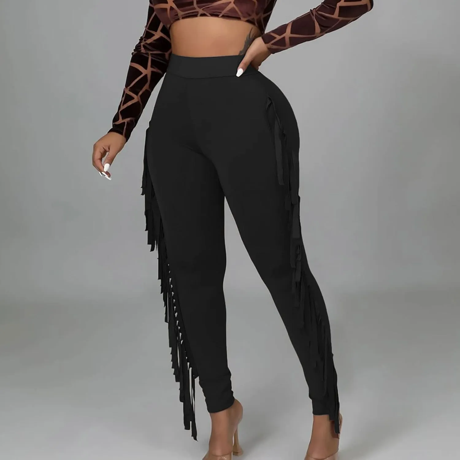 Womens Sexy Curvy Pants Fringed High Waist Skinny Slim Fit Trousers Tight Pants Trendy Casual Solid Long Trousers